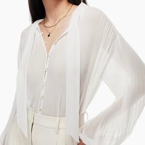 Wilfred Aritzia Ivory Cream Sheer Chiffon Tie Neck Blouse XS Baloon Sleeve